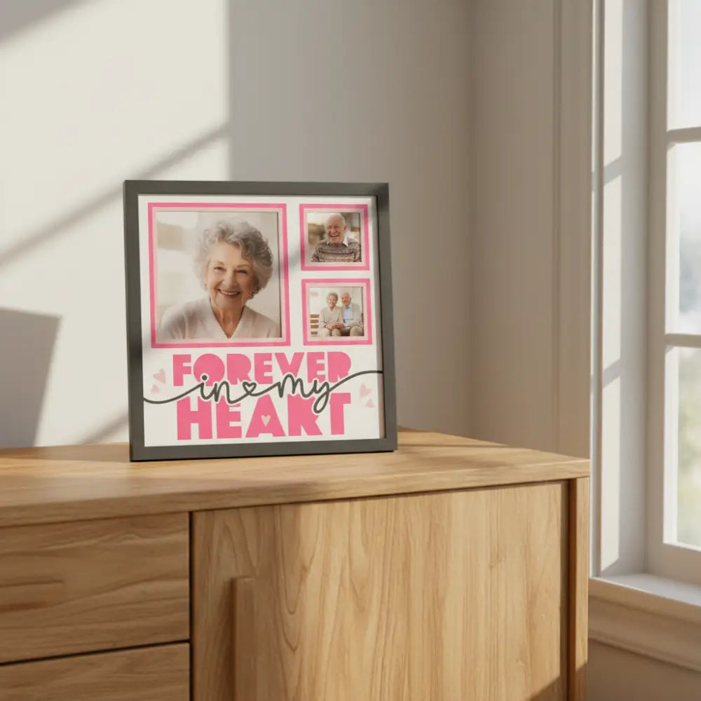 Decorative frame with 'Forever in My Heart' text and pink heart shapes on a white background