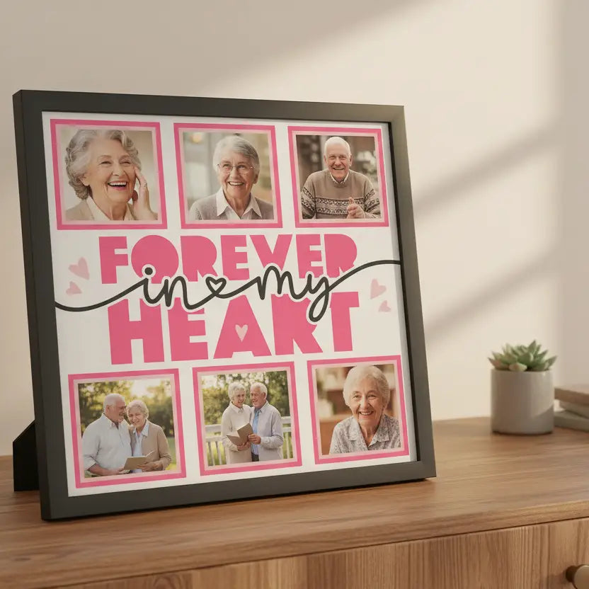 Memorial plaque with 'Forever in My Heart' text and blank spaces for photos or names.