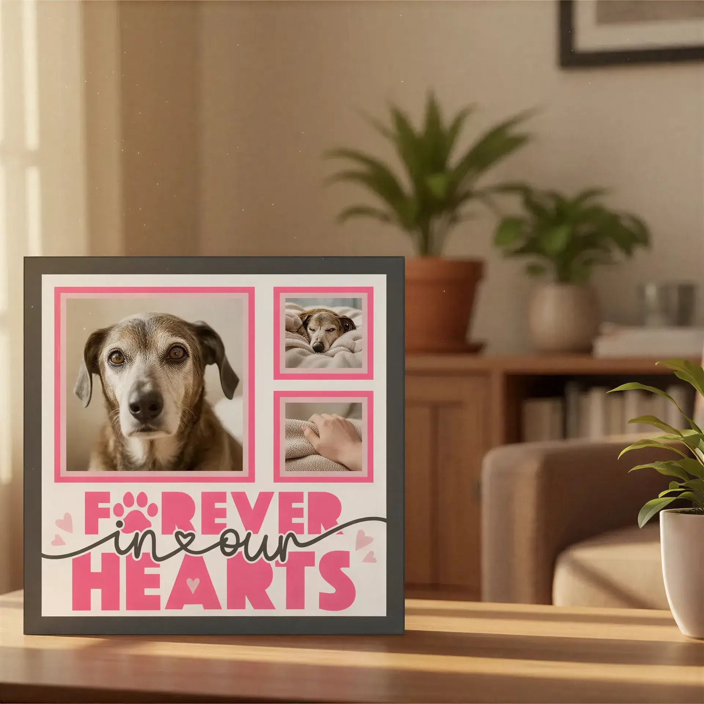 Memorial layout with pink frames and 'Forever in Our Hearts' text on a gray background