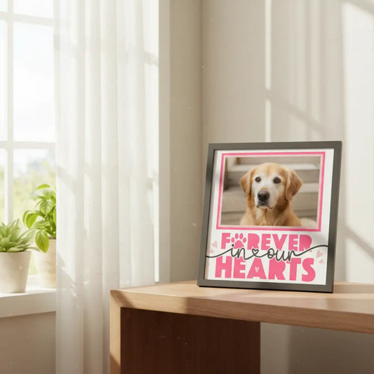 Memorial frame with 'Forever in our hearts' text and paw prints on a white background.