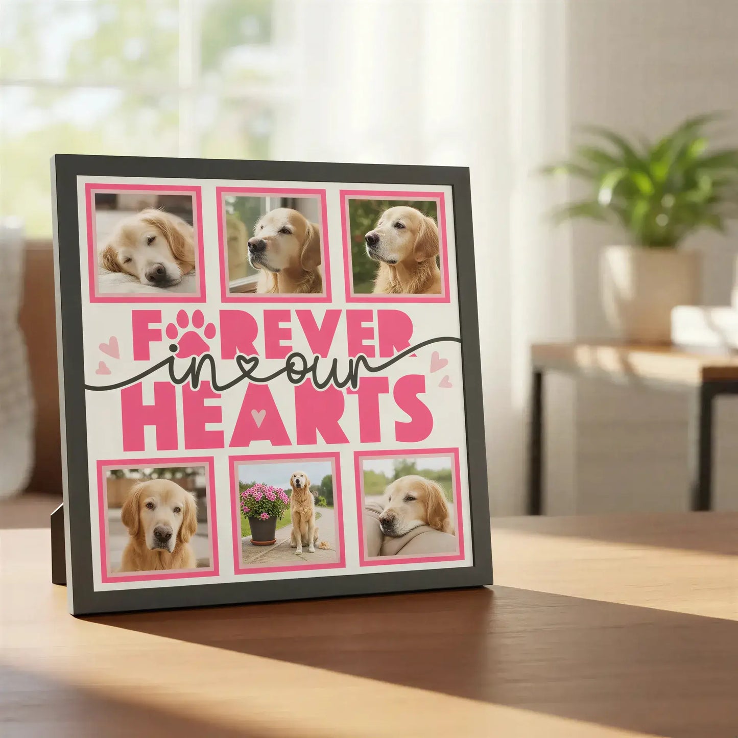 Memorial layout with 'Forever in our Hearts' text and paw print design.