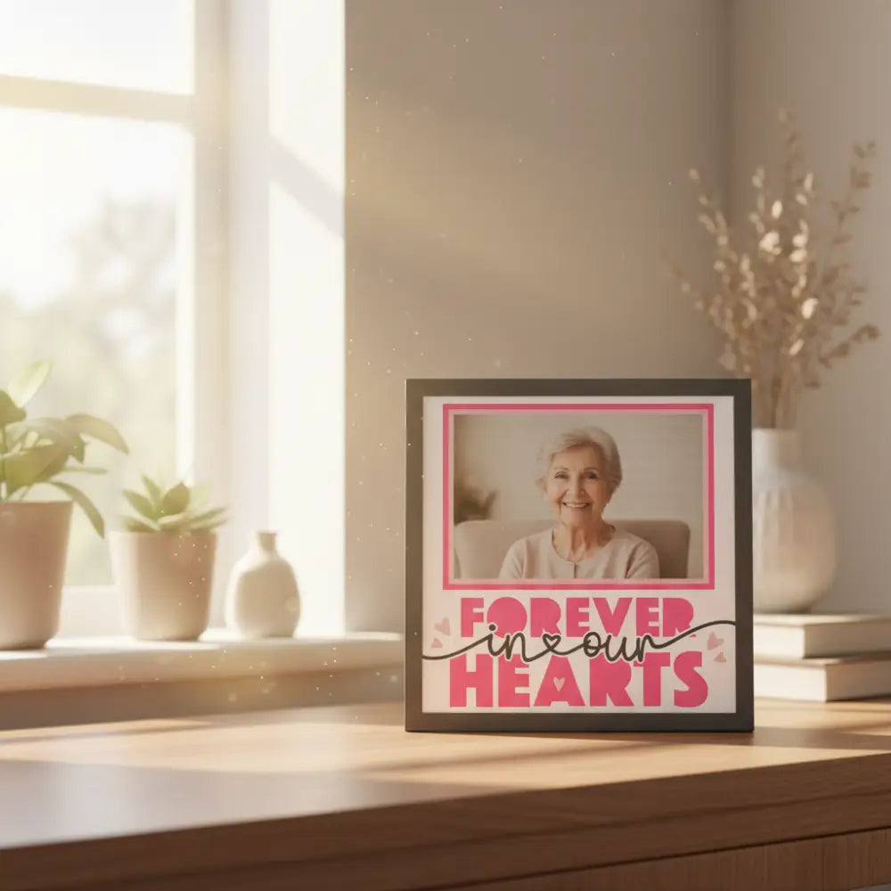 Framed artwork with 'Forever in our hearts' text and pink hearts on a white background