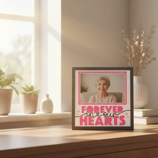 Framed artwork with 'Forever in our hearts' text and pink hearts on a white background