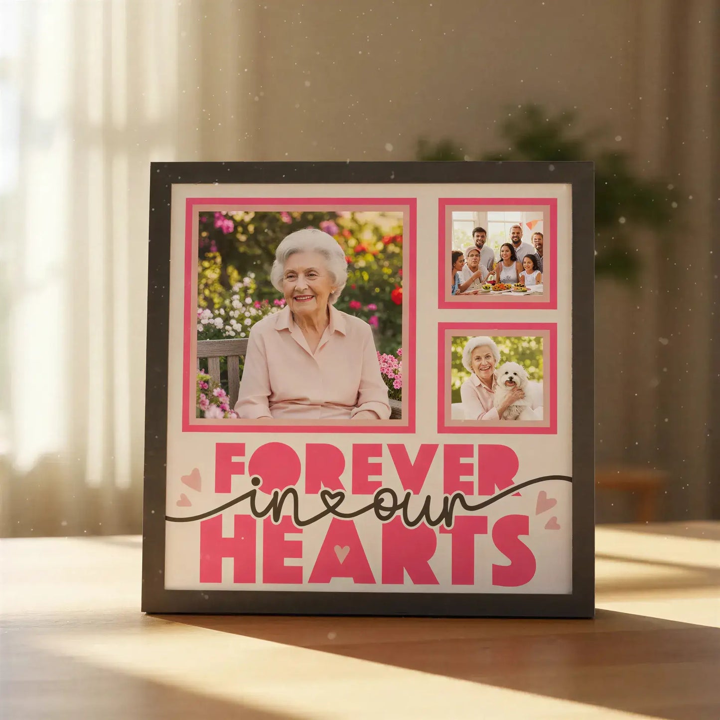 Memorial design with pink frames and 'Forever in our hearts' text on a white background.