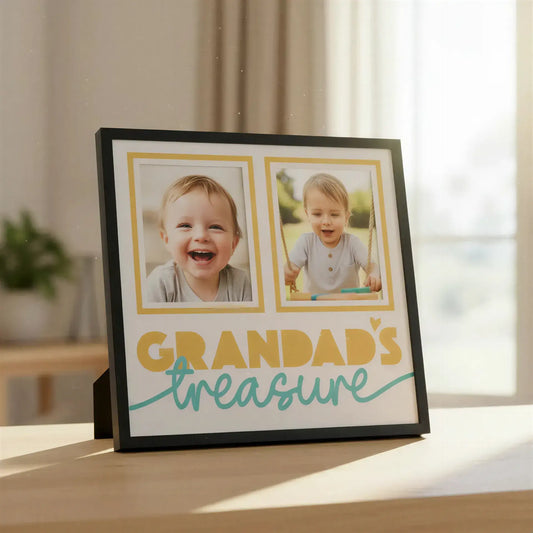 Decorative frame with 'Grandad's treasure' text and two empty photo slots.