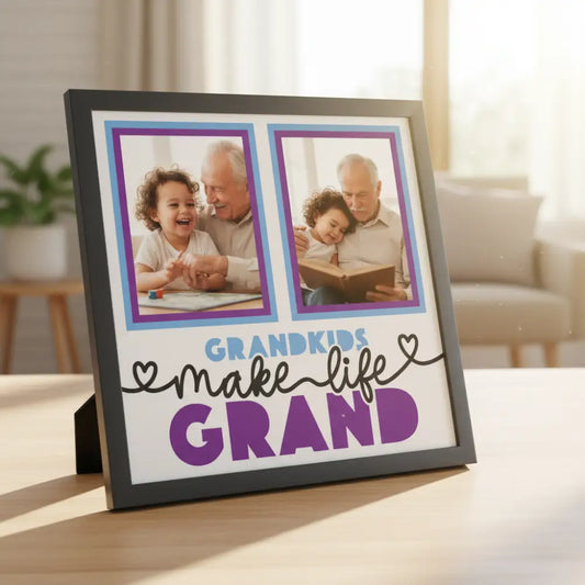 Decorative design with two empty frames and text 'Grandkids make life grand' on a white background.