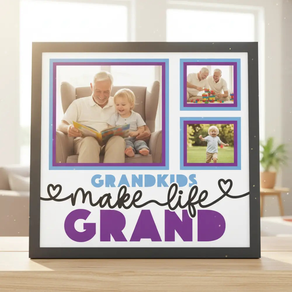 Decorative design with text 'Grandkids make life grand' and purple and blue frames on a white background.