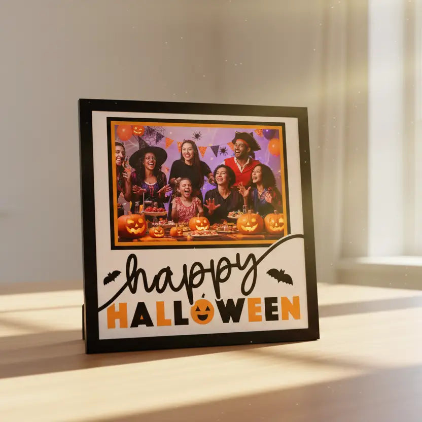 Halloween-themed photo frame with 'Happy Halloween' text and pumpkins.