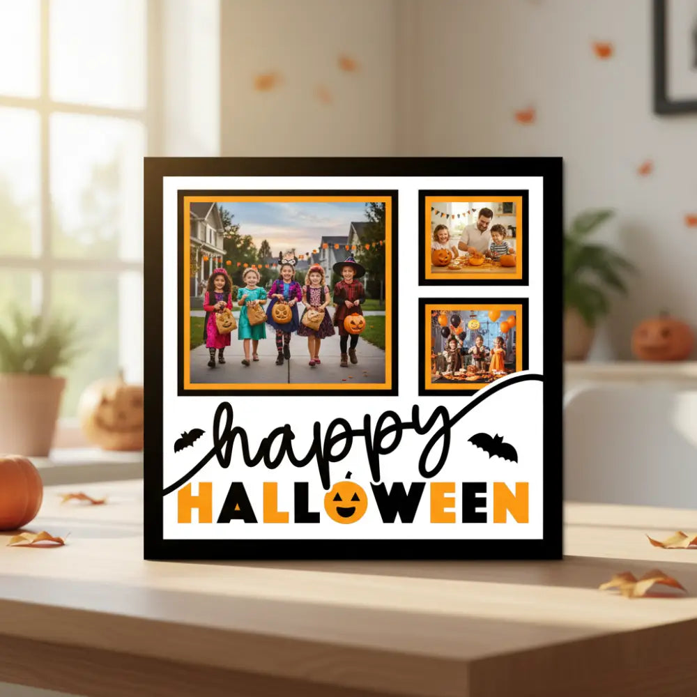 Halloween-themed scrapbooking layout with black and orange frames and 'Happy Halloween' text.