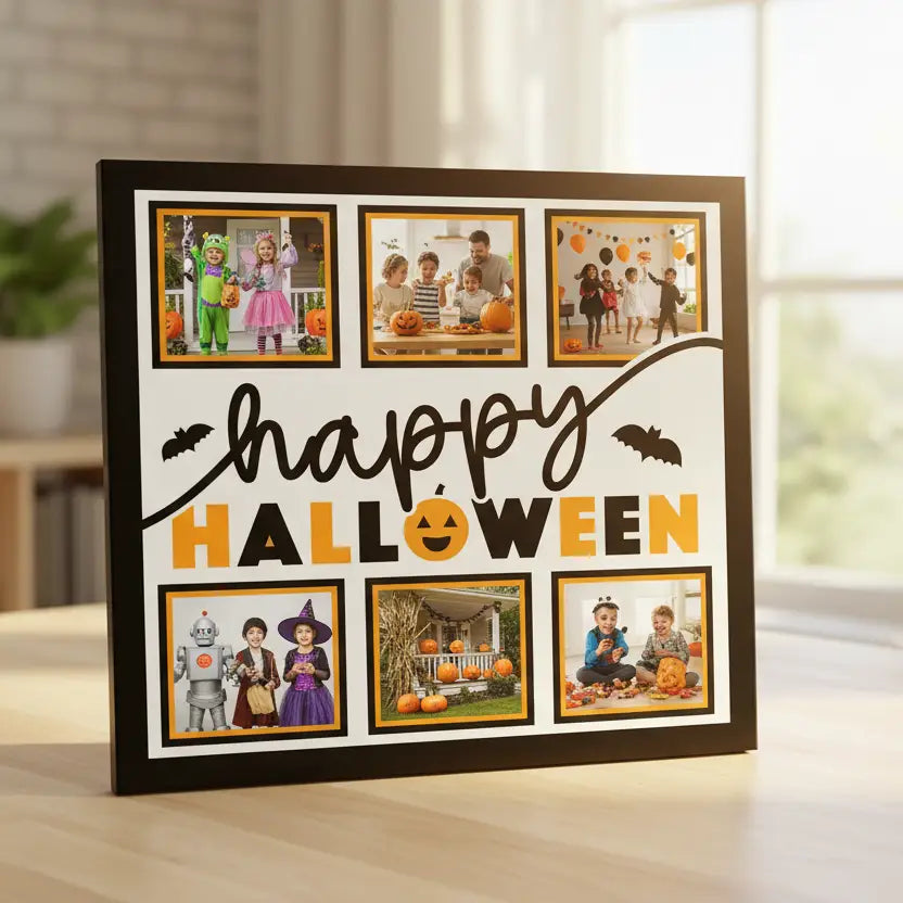 Halloween-themed scrapbooking layout with 'happy Halloween' text and black and orange frames.