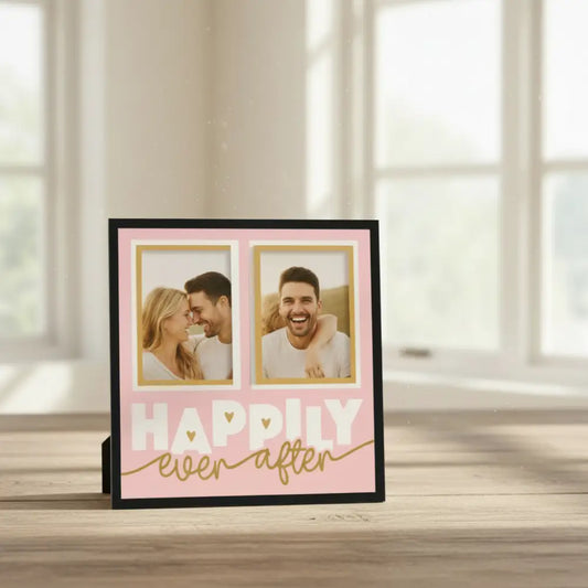 Decorative paper with 'Happily ever after' text and gold frames on a pink background
