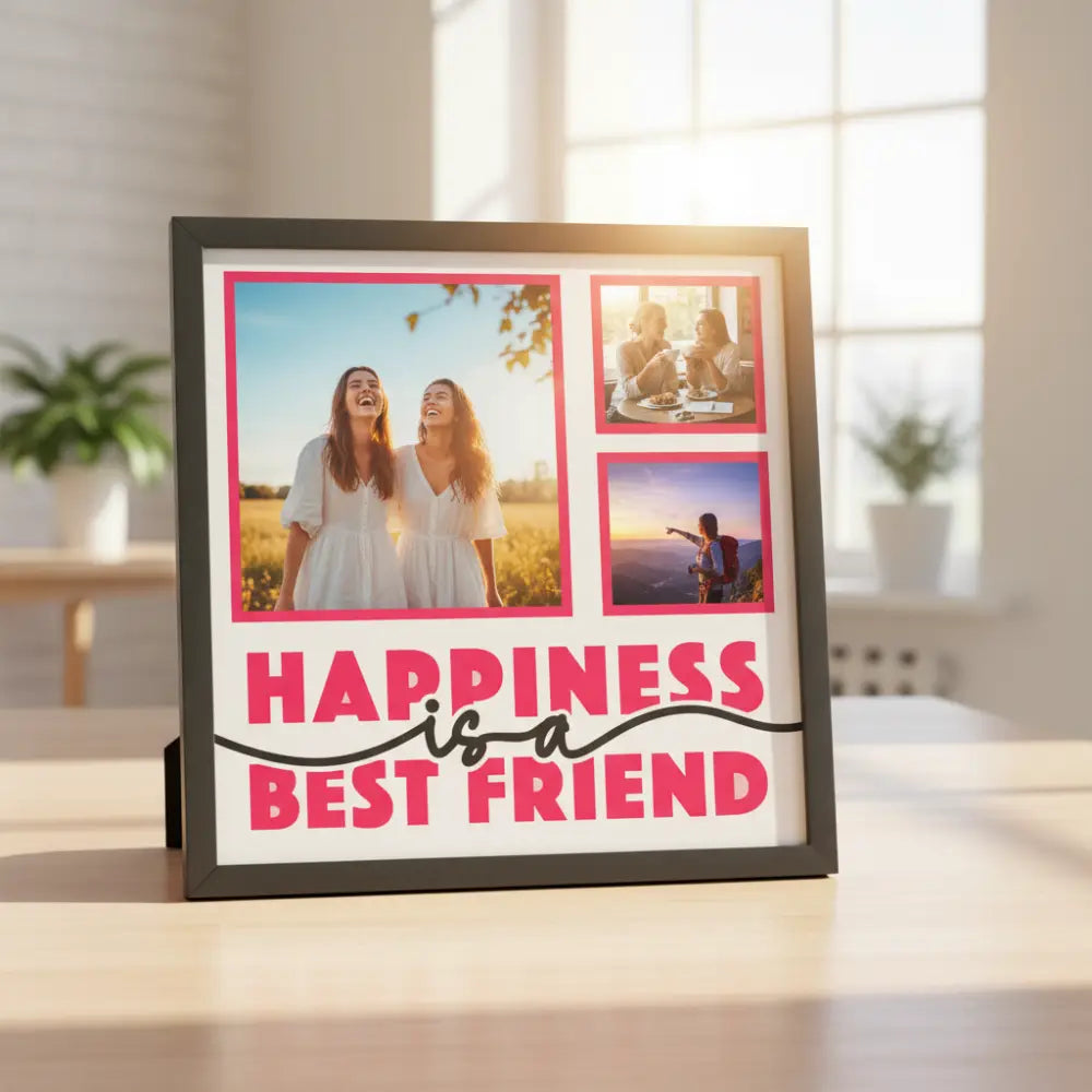 Decorative wall art with frames and text 'Happiness is a Best Friend' on a white background.