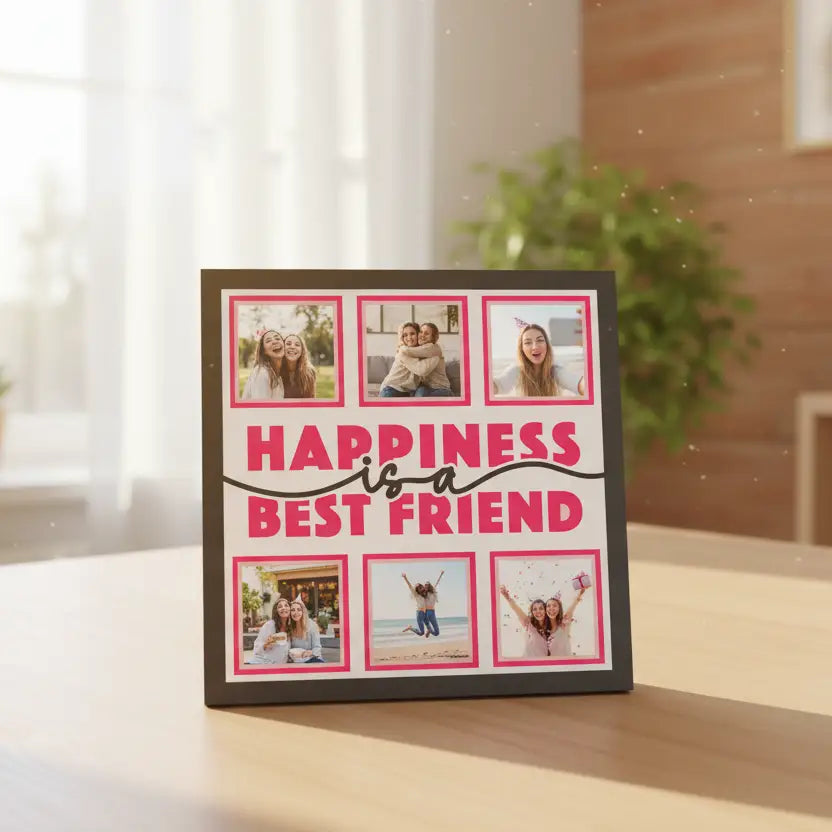 Decorative sign with 'Happiness is a Best Friend' text and pink frames on a white background.