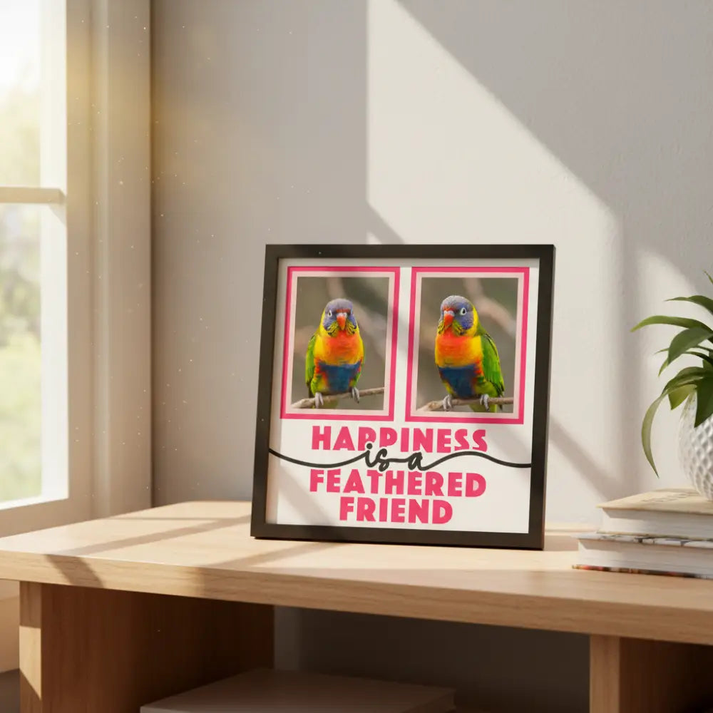 Two blank photo frames with pink borders and text 'Happiness is a Feathered Friend' on a white background.