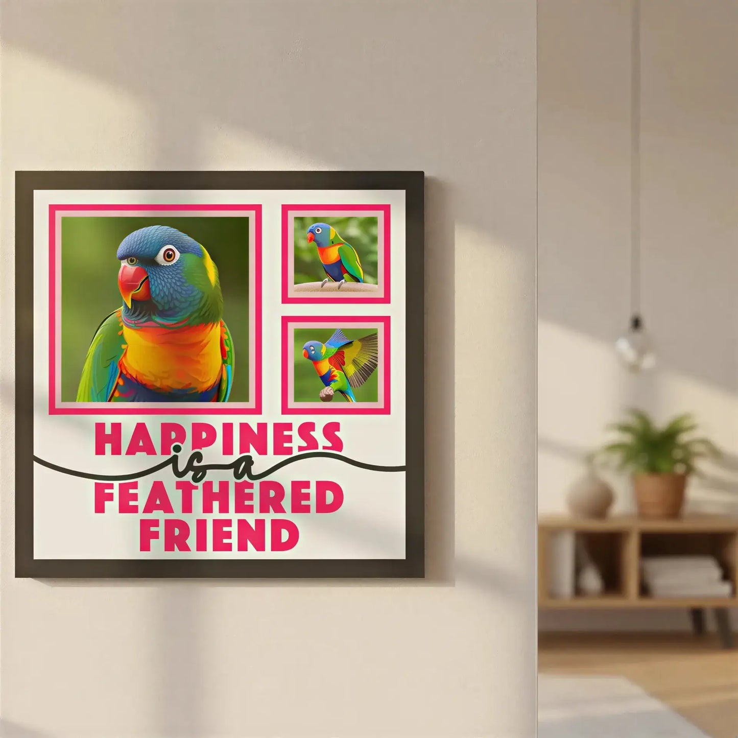 Decorative wall art with frames and text 'Happiness is a Feathered Friend' on a white background.