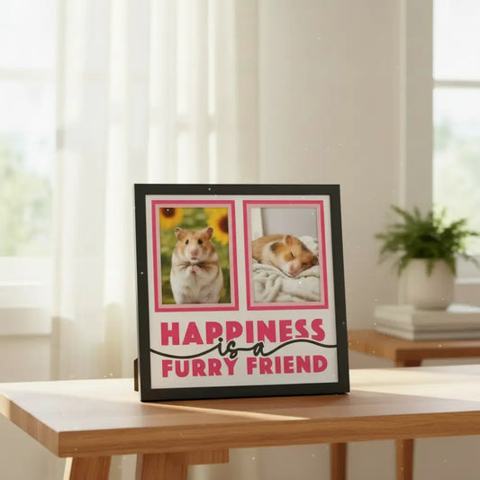 Two photo frames with pink borders and text 'Happiness is a Furry Friend' on a white background.