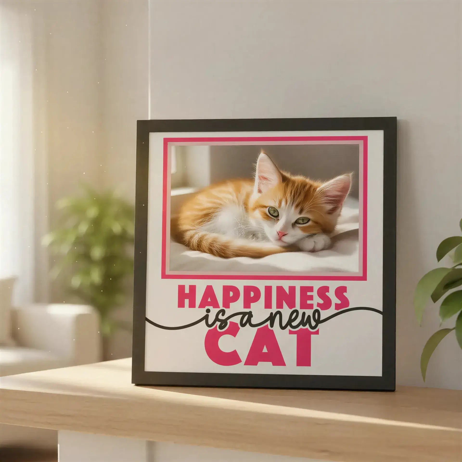 Framed print with text 'Happiness is a new cat' on a white background