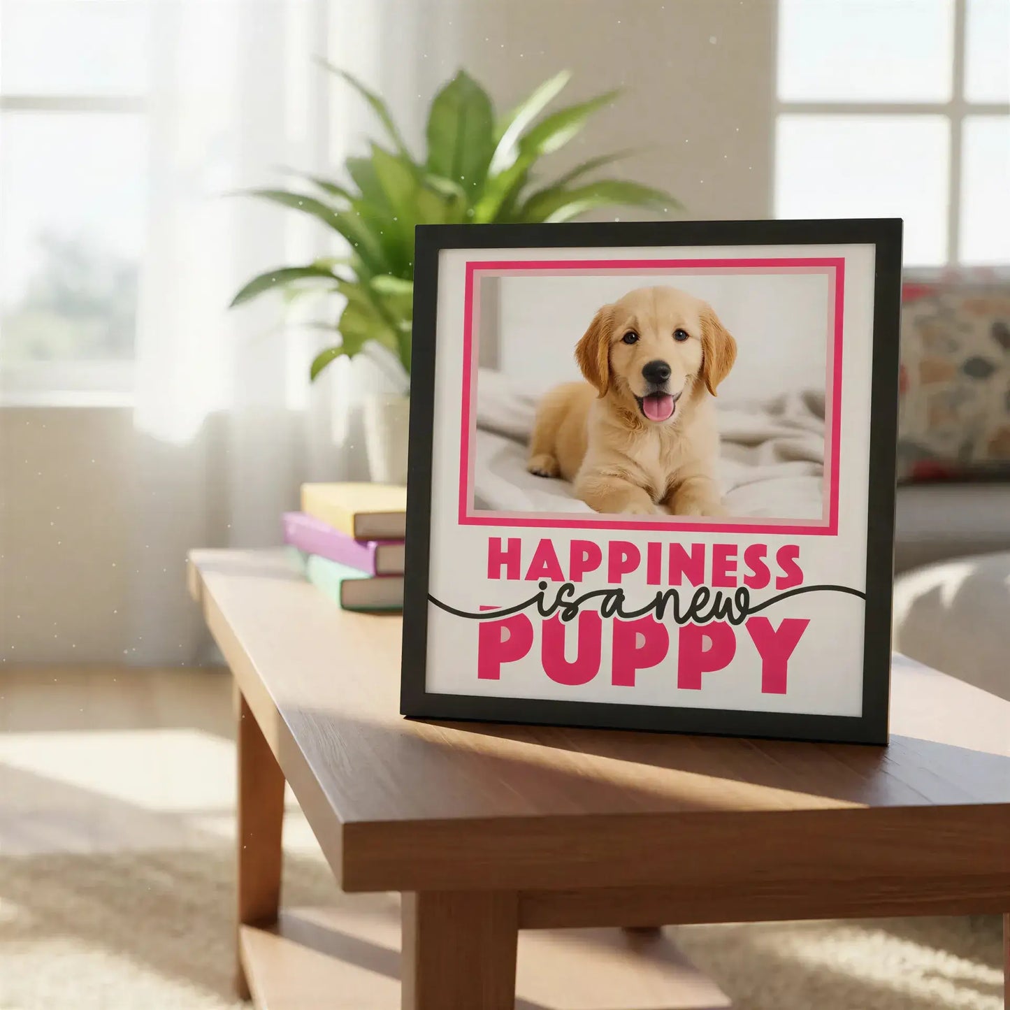 Framed quote 'Happiness is a new puppy' with pink text on a white background