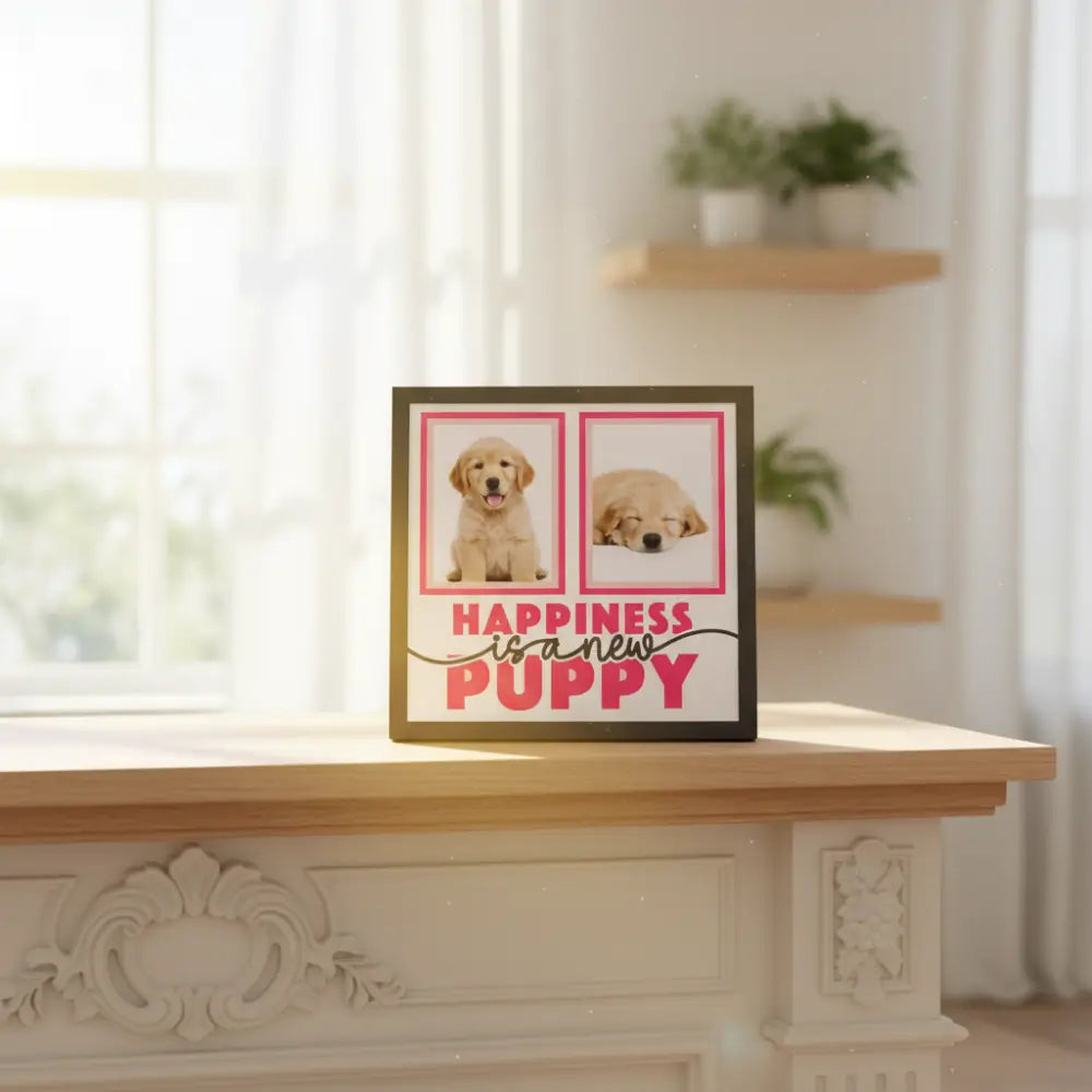 Framed picture with 'Happiness is a new puppy' text and two blank photo frames.