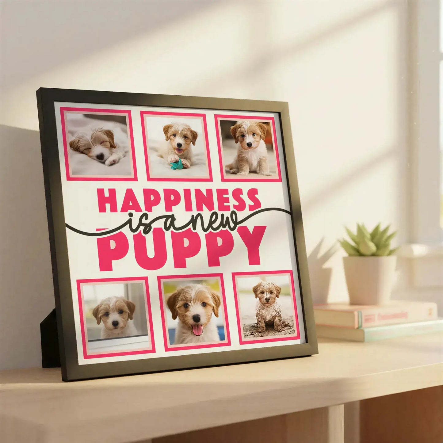 Decorative sign with 'Happiness is a new puppy' text and space for photos on a white background.