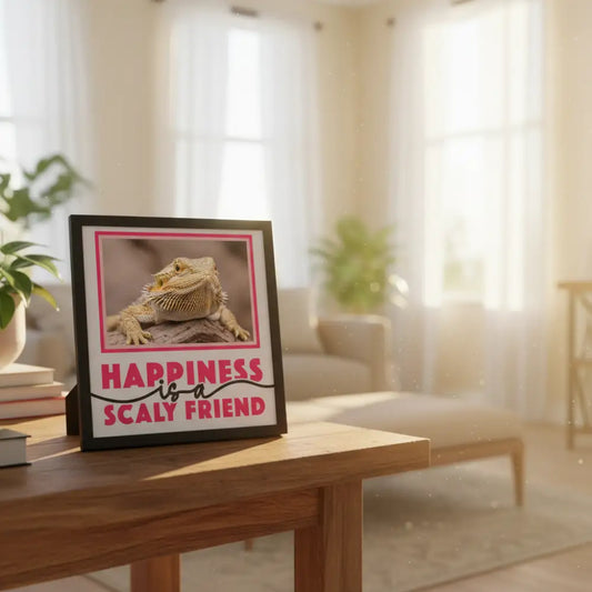Framed artwork with 'Happiness is a Scaly Friend' text on a white background