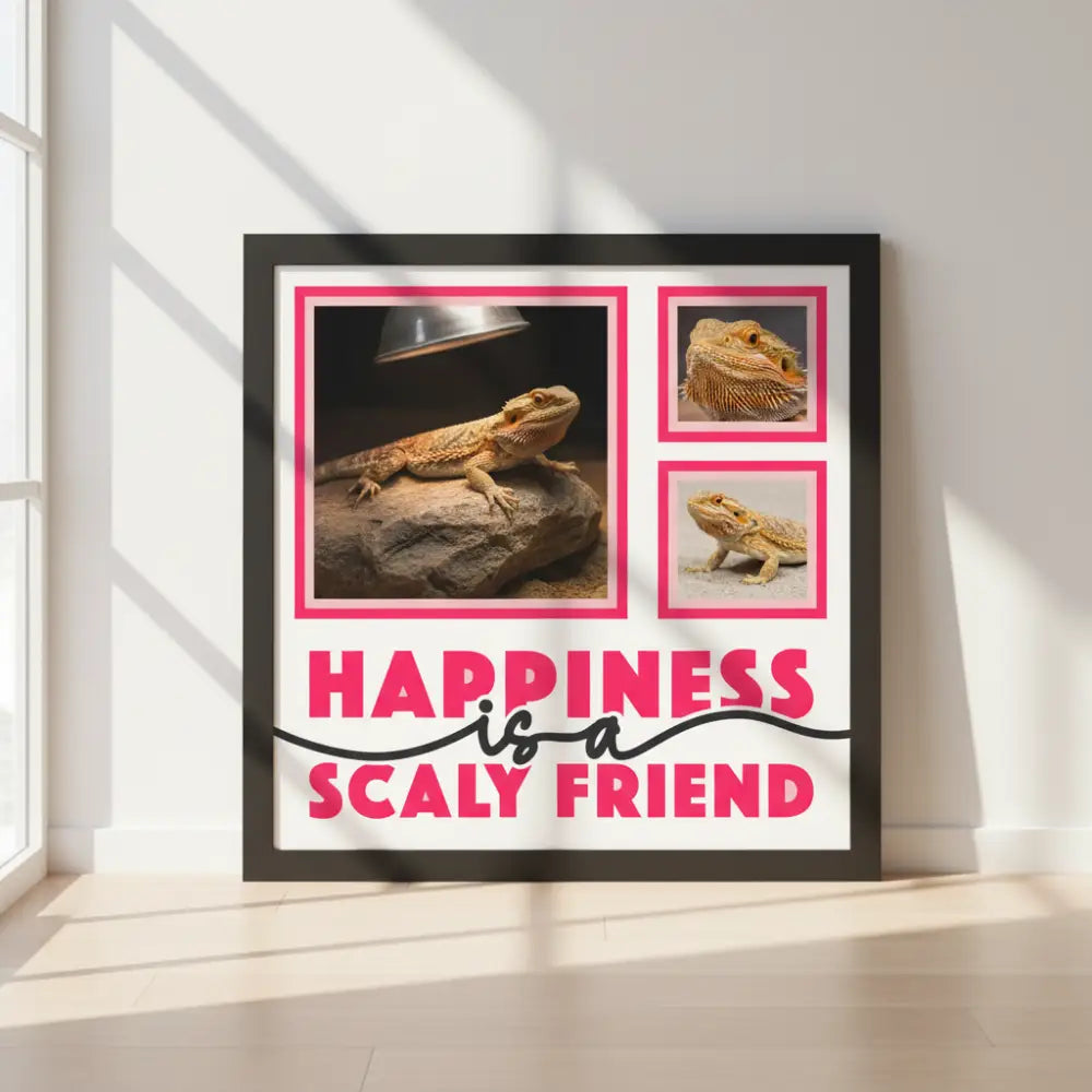 Decorative wall art with frames and text 'Happiness is a Scaly Friend' on a white background.