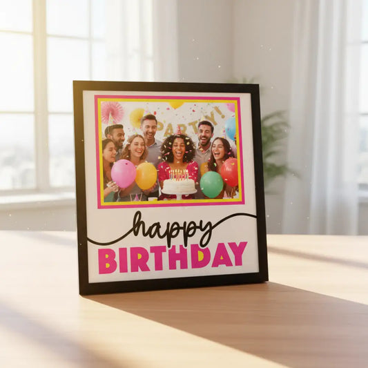 Happy Birthday text with colorful border on a white background