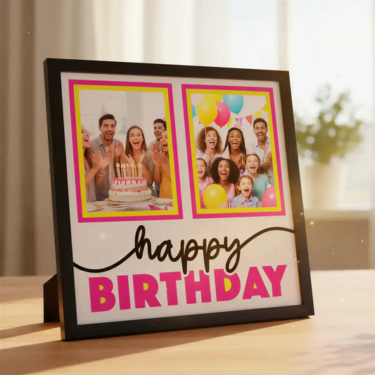 Two photo frames with pink and yellow borders and 'Happy Birthday' text on a white background.