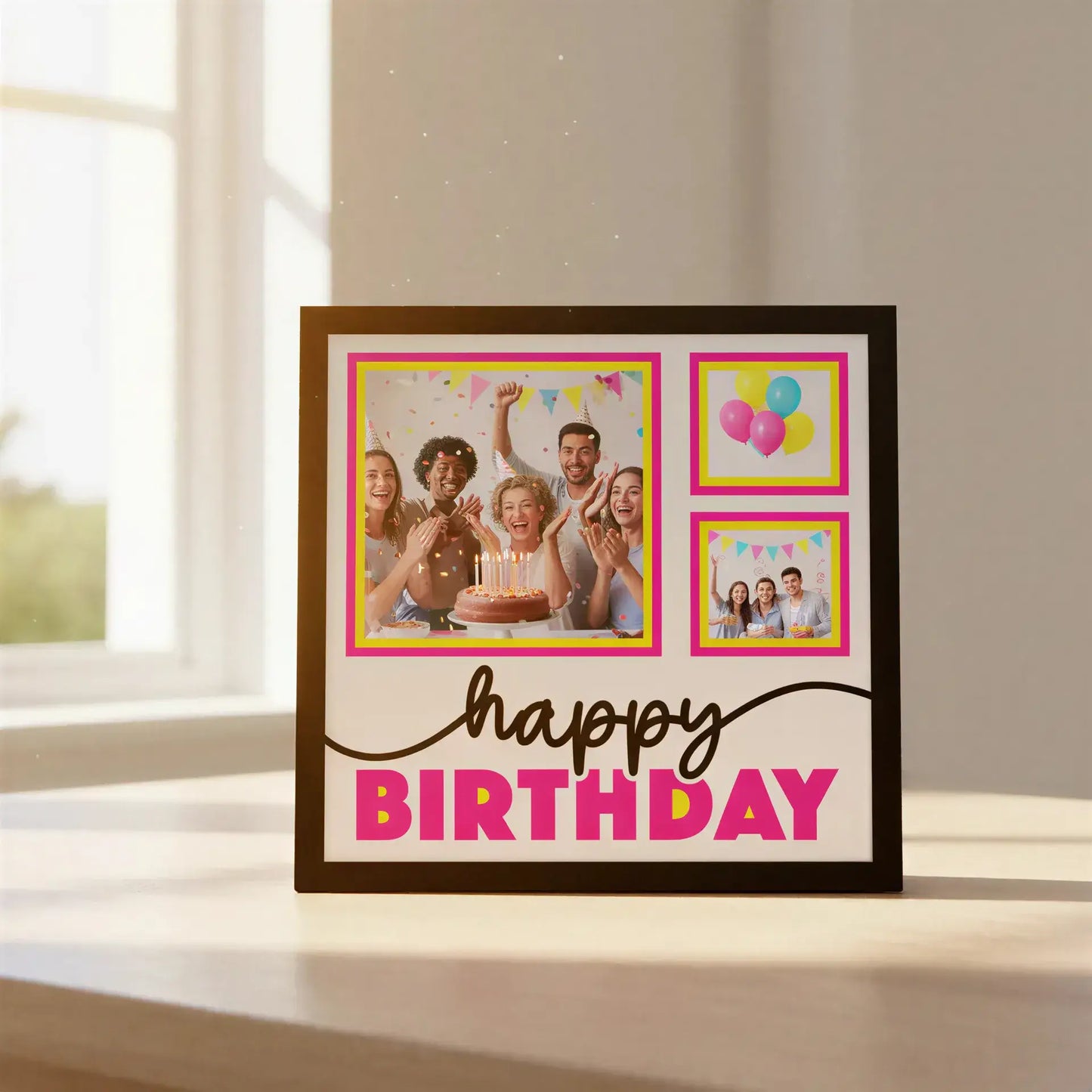 Happy Birthday card with pink and yellow frames on a white background