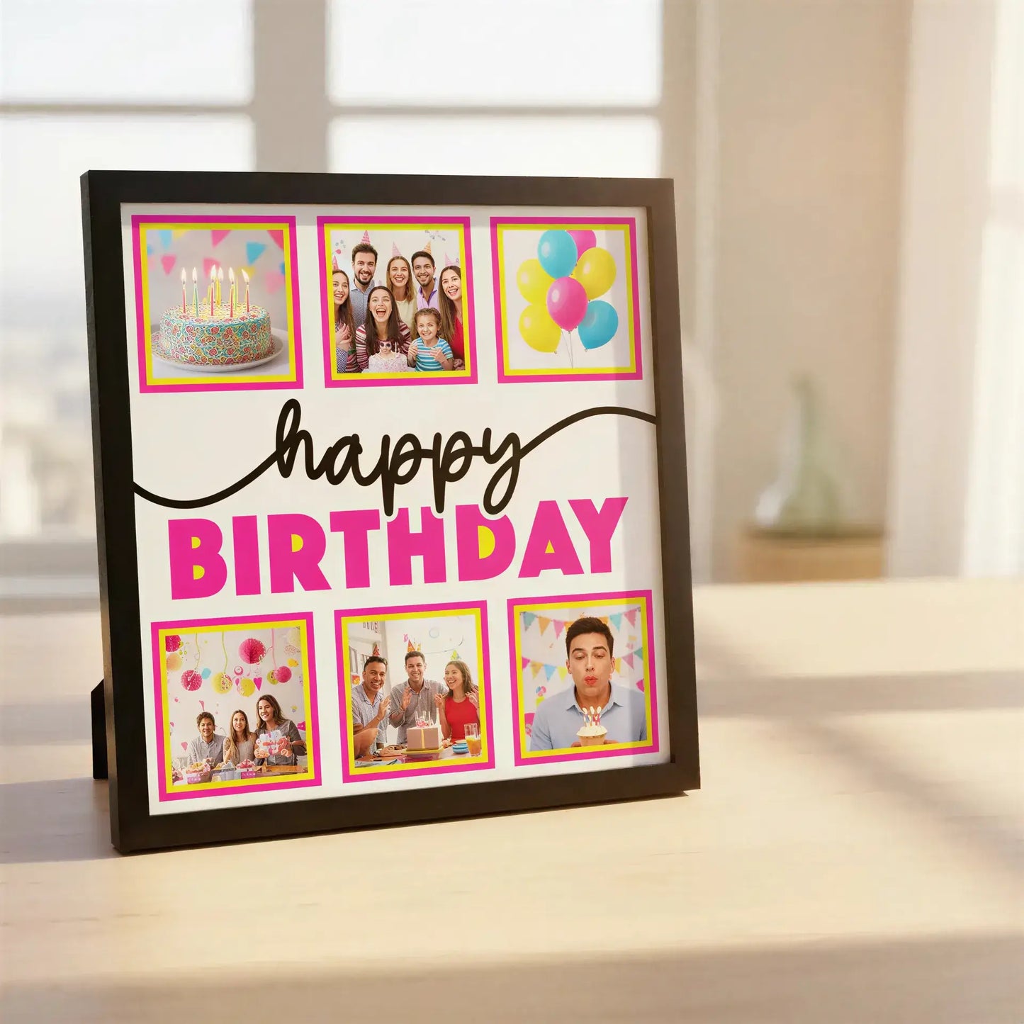 Happy Birthday card template with pink and yellow borders