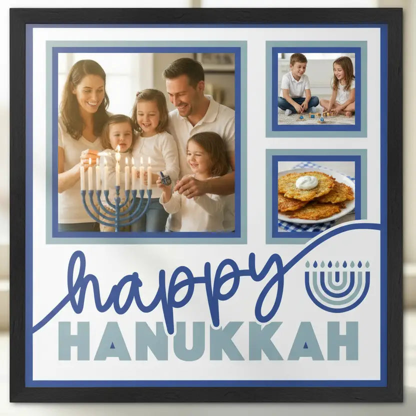 Happy Hanukkah design with text and menorah symbol on a blue border