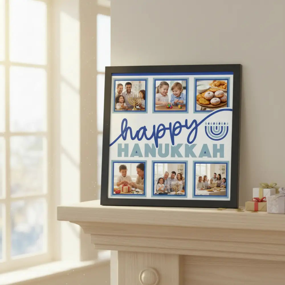 Happy Hanukkah design with blue and white text and menorah symbol on a blue border.