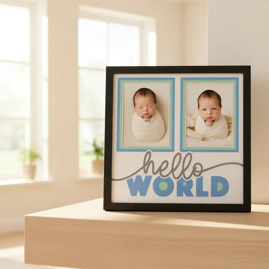 Framed artwork with 'hello WORLD' text and two blank frames on a white background.