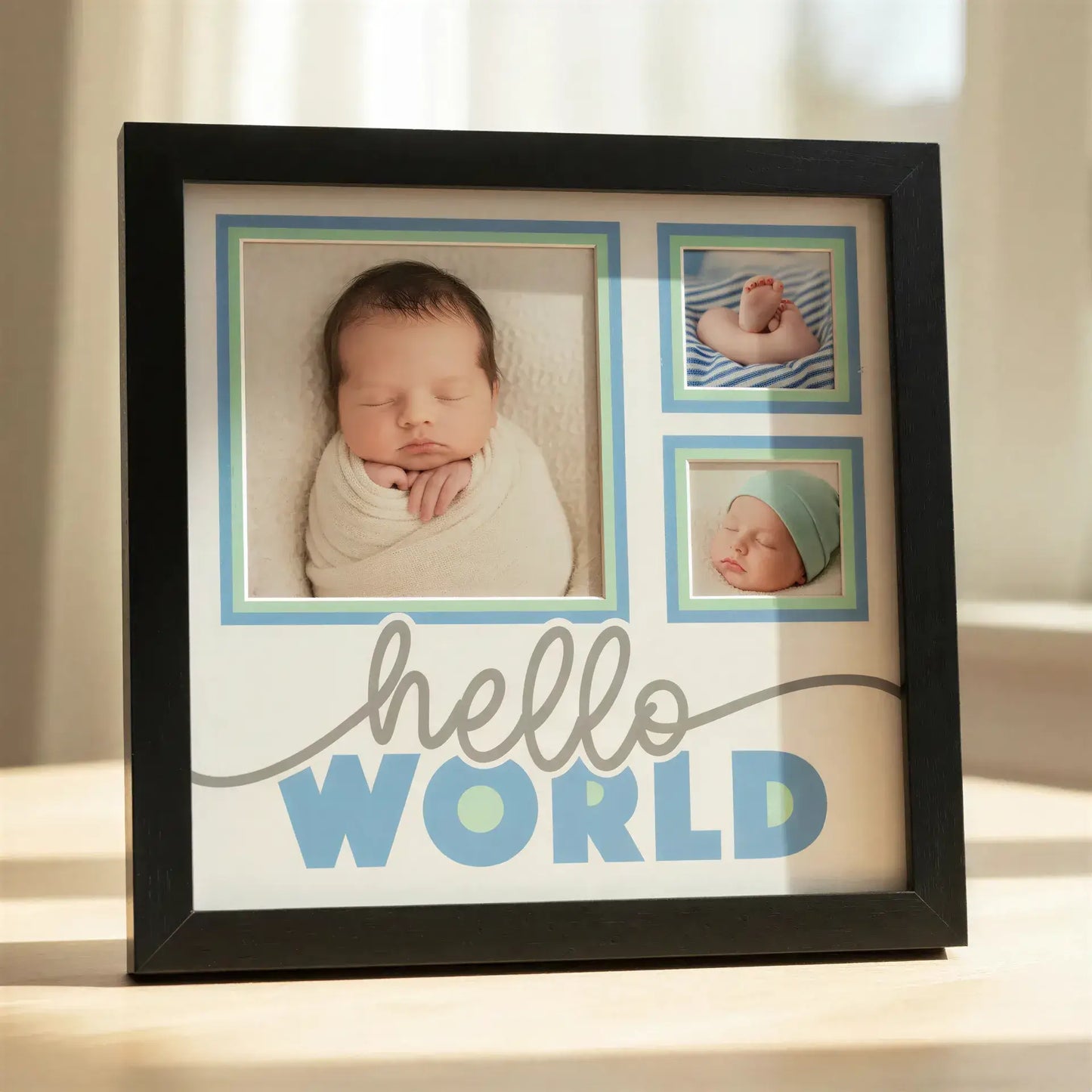 Design layout with 'hello WORLD' text and square frames on a white background