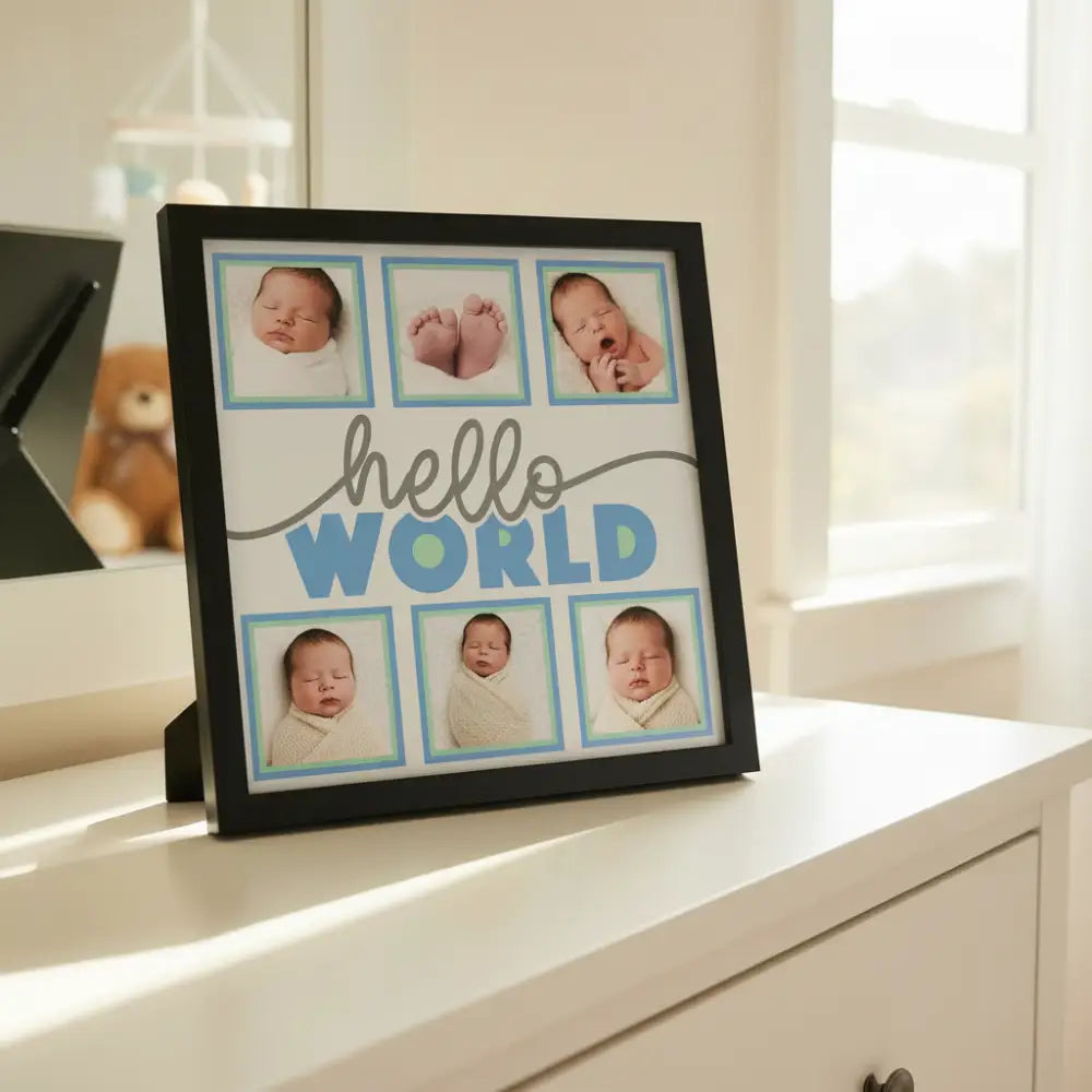 Baby-themed scrapbook page layout with 'hello WORLD' text and blank frames.