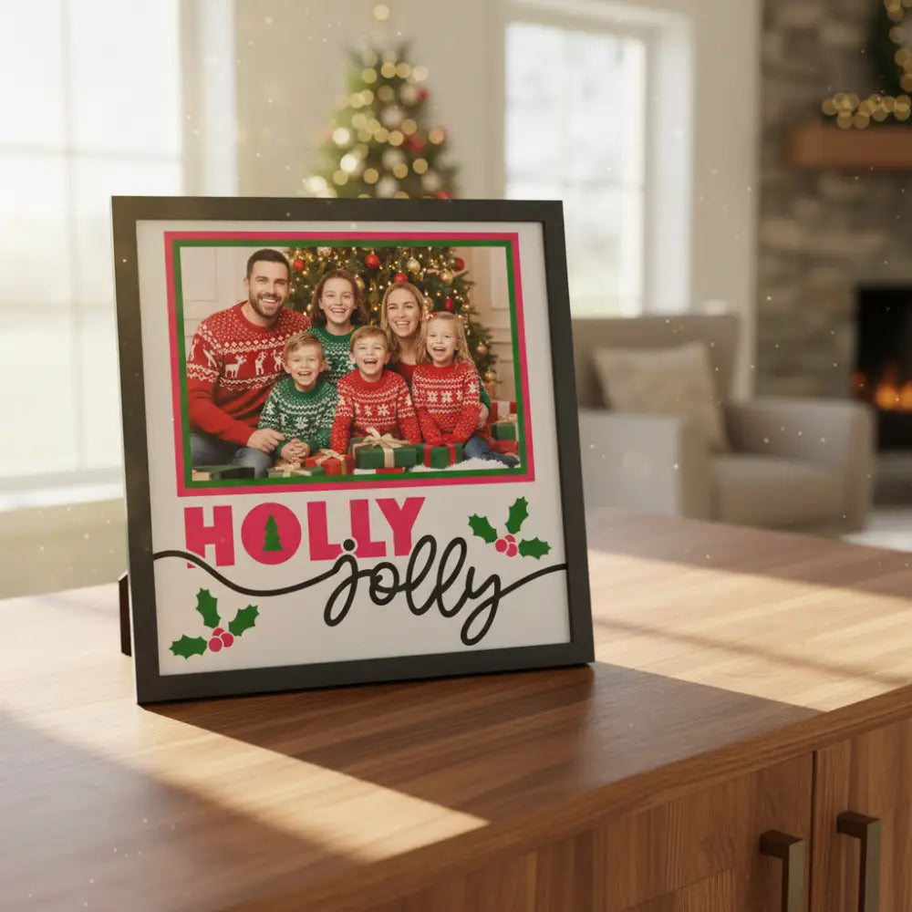 Festive design with 'Holly Jolly' text and holly leaves on a white background