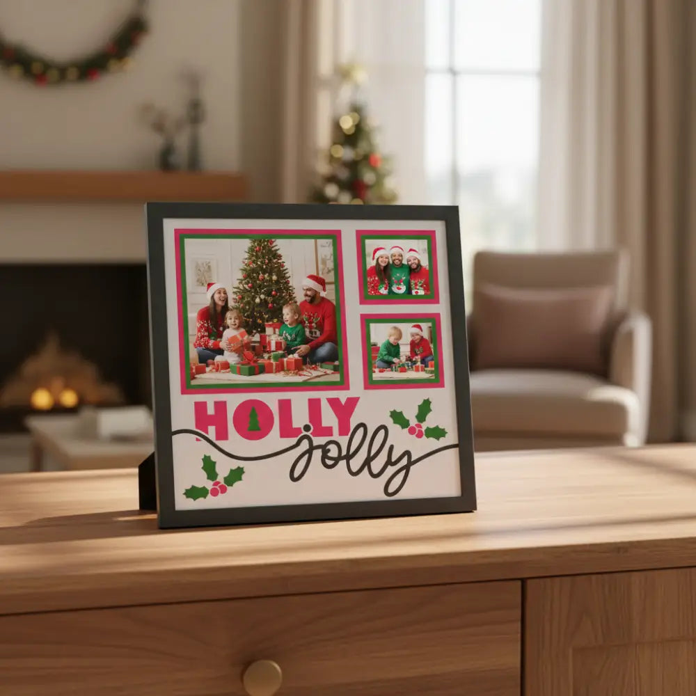 Christmas-themed scrapbook layout with frames and 'Holly jolly' text on a white background.