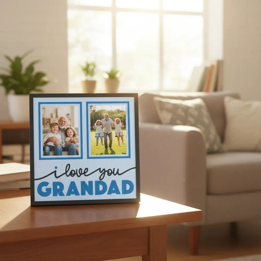 Decorative sign with 'I love you GRANDAD' text on a light blue background