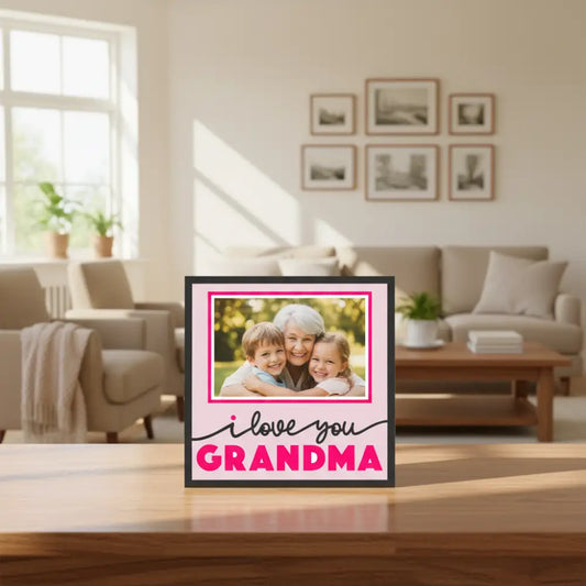 Framed picture with 'I love you Grandma' text on a pink background