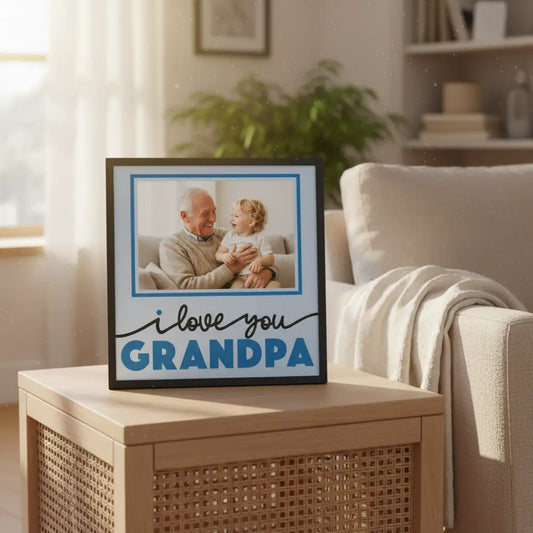 Framed picture with 'I love you Grandpa' text on a light blue background