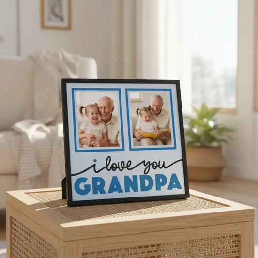 Design template with two photo frames and 'I love you Grandpa' text on a light blue background