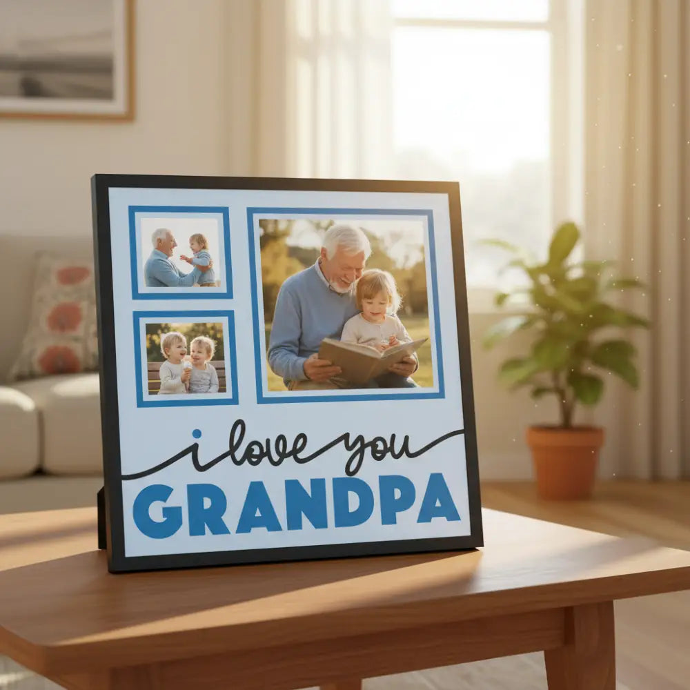 Decorative sign with 'I love you Grandpa' text on a light blue background