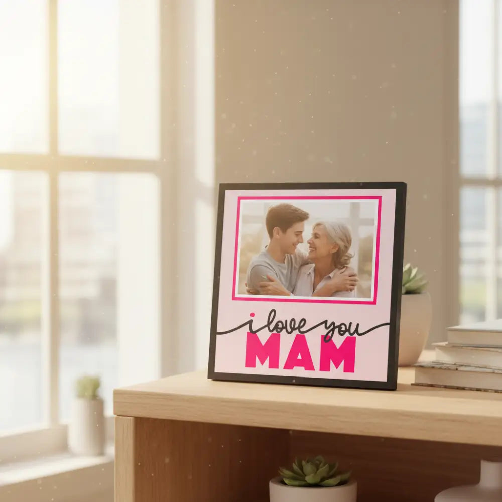 Framed picture with 'I love you MAM' text on a pink background