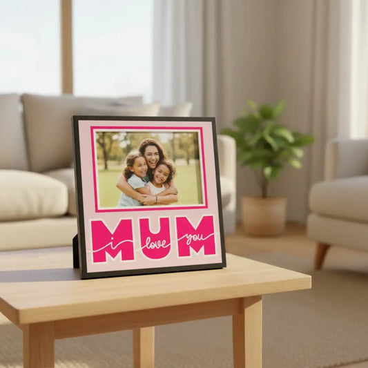 Pink text 'MUM I love you' on a light pink background with a white border.