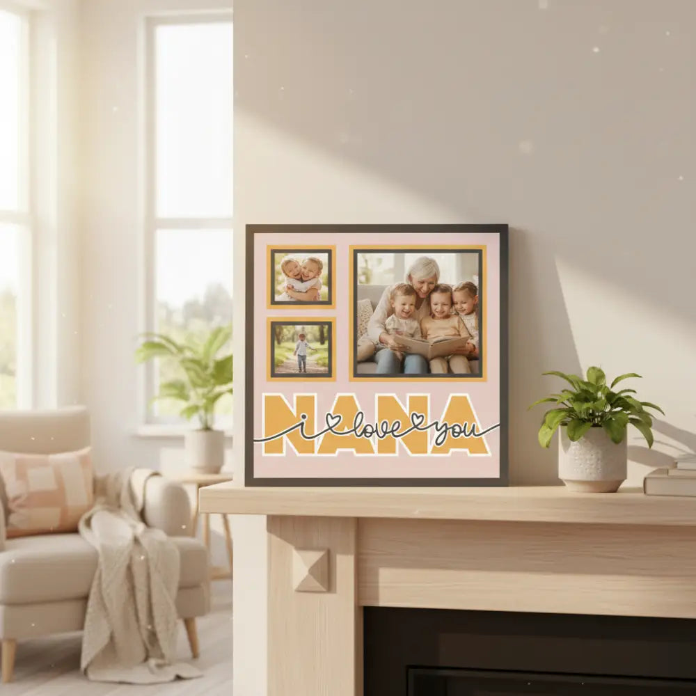 Decorative paper with 'Nana I love you' text and three photo frames on a pink background