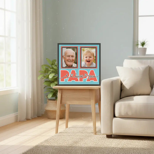 Decorative paper with two photo frames and 'I love you PAPA' text on a blue background