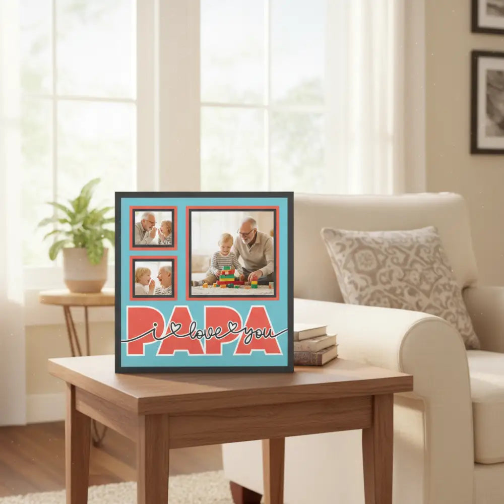 Decorative scrapbook page with 'PAPA I love you' text and photo frames on a blue background
