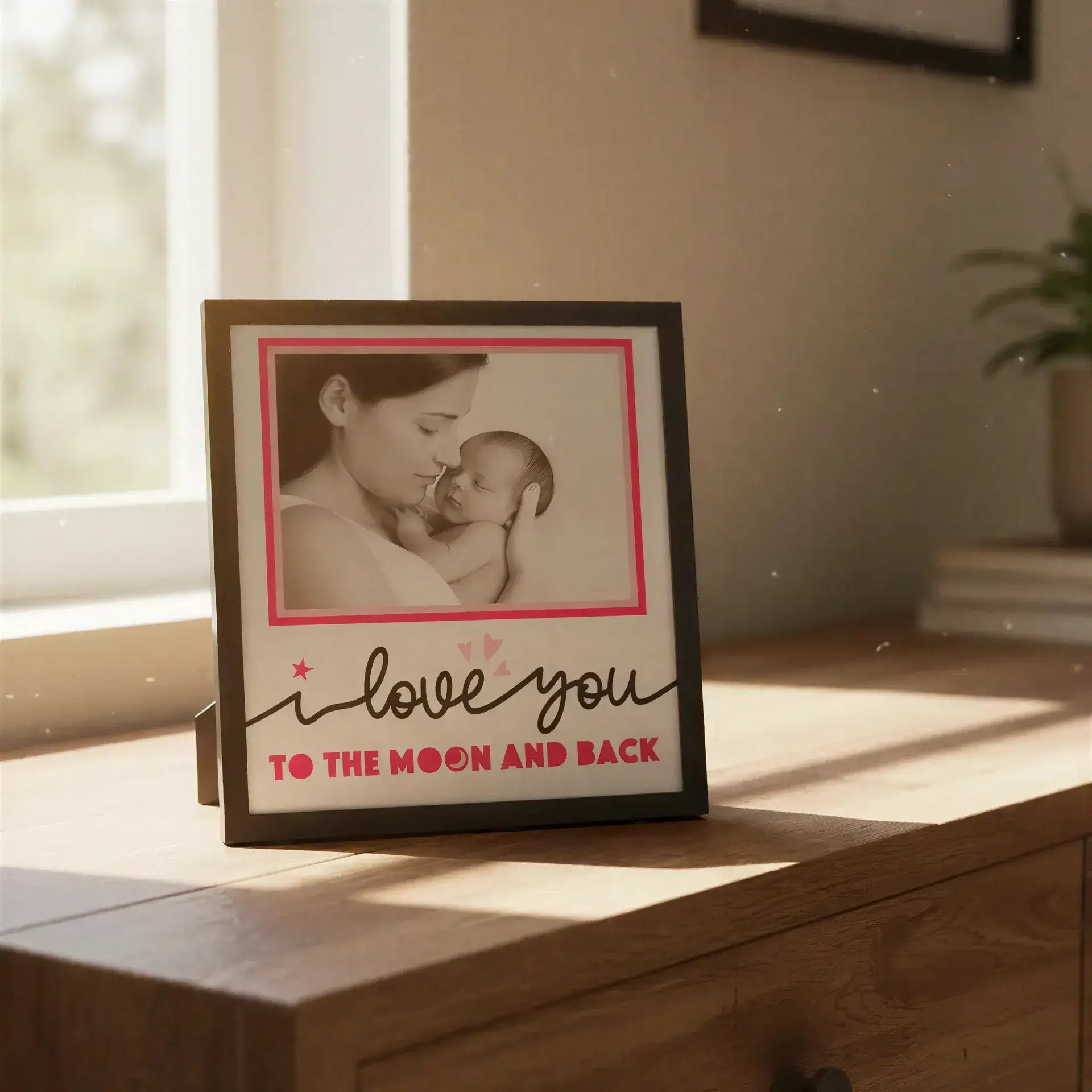 Decorative frame with 'I love you to the moon and back' text and pink border.