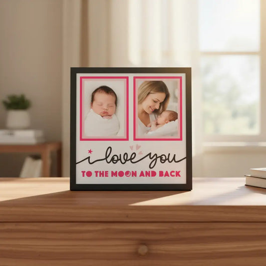 Two pink frames with 'I love you to the moon and back' text on a white background