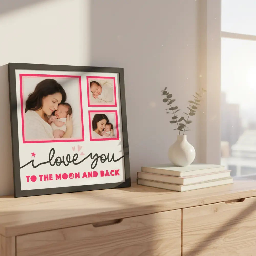 Design layout with pink frames and text 'I love you to the moon and back' on a white background.